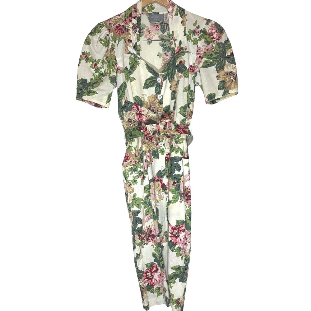 Vintage 80s Carol Anderson Floral Midi‎ Dress Belted Puff Sleeve Petite Size 4